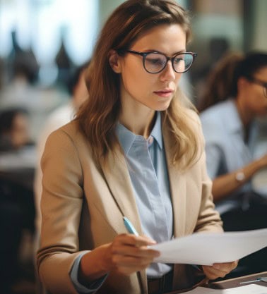 Business woman wearing glasses and holding a document