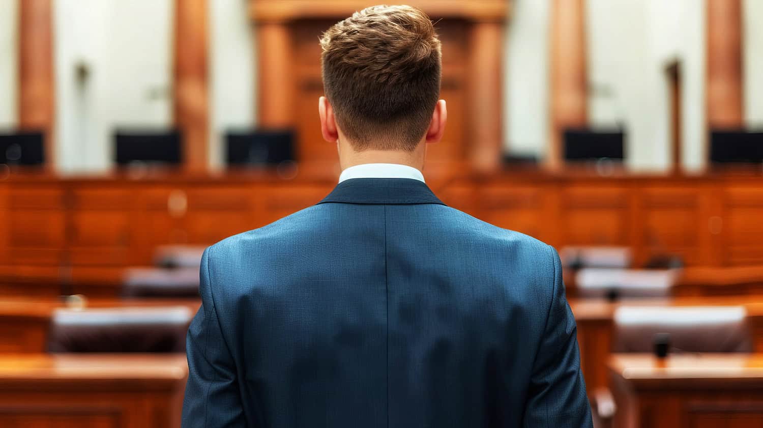 a businessman leaving a courtroom after a bankruptcy hearing