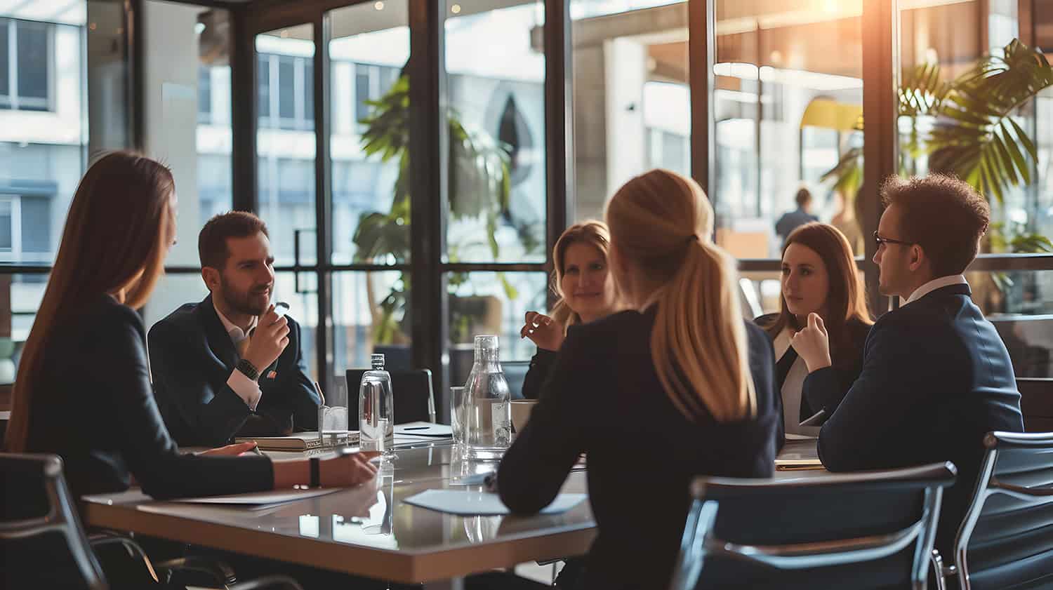 A group of lawyers collaborating in a law firm conference room