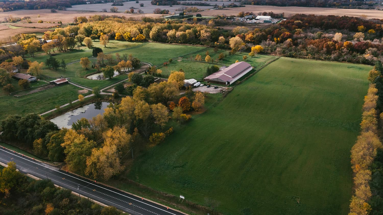 Aerial view of a farm property in Autumn