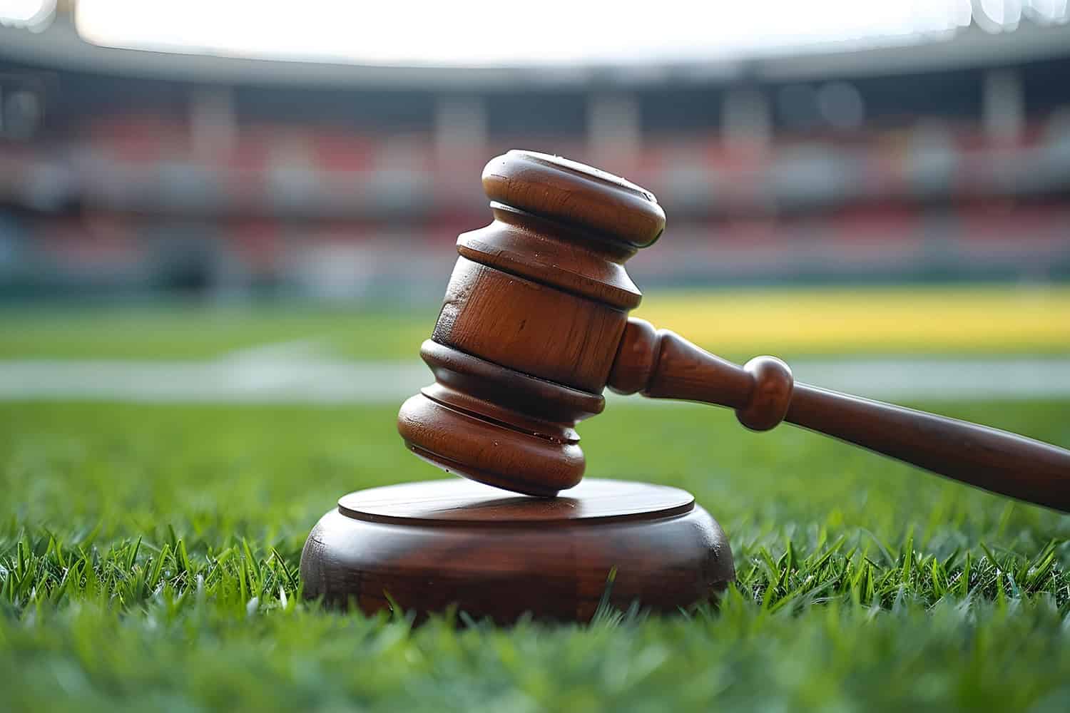 A gavel on a sports stadium background symbolising sports law and justice.